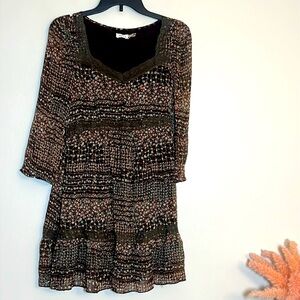 Blue Bird Floral Lace Brown Pink Blue Mini Dress Medium